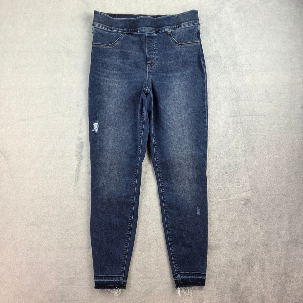 Spanx Womens Distressed Ankle Skinny Jeans‎ Blue Denim Pull On Size Large